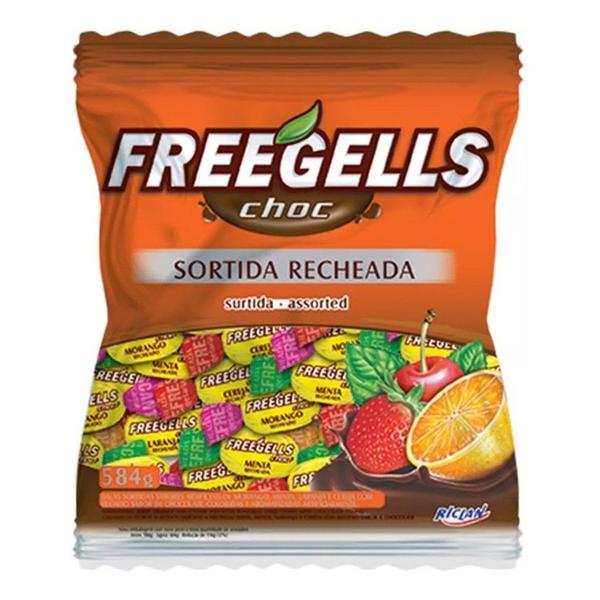 Bala Sortido Recheada Chocolate 584gr - Freegells - Riclan Imagem de Bala Sortido Recheada Chocolate 584gr - Freegells
