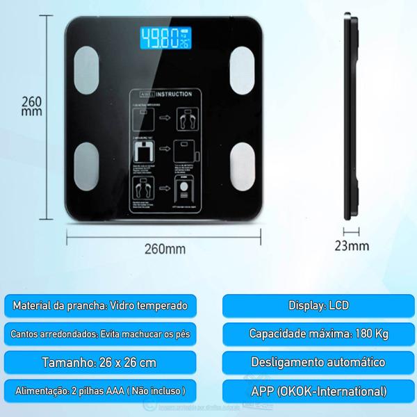 Imagem de Balança Bioimpedância Digital App Bluetooth Histórico Corporal 180 Kg