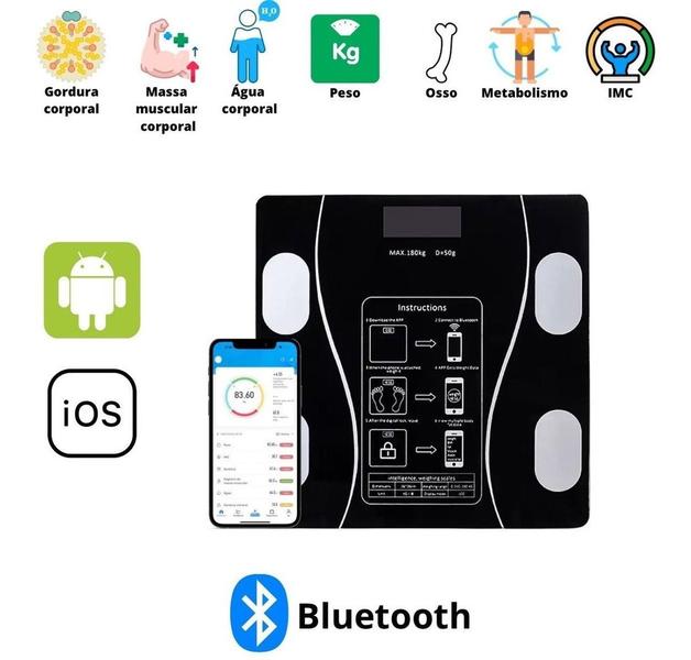 Imagem de Balanca Bioimpedancia Digital Bluetooth SL0382 - Preta e Compacta