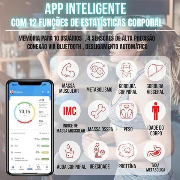 Balança Corporal Bioimpedância Digital Eletrônica Aplicativo Bluetooth Profissional Fitness Academia Nutrição - Balança Digital de Bioimpedância Imagem de Balança Corporal Bioimpedância Digital Eletrônica Aplicativo Bluetooth Profissional Fitness Academia Nutrição