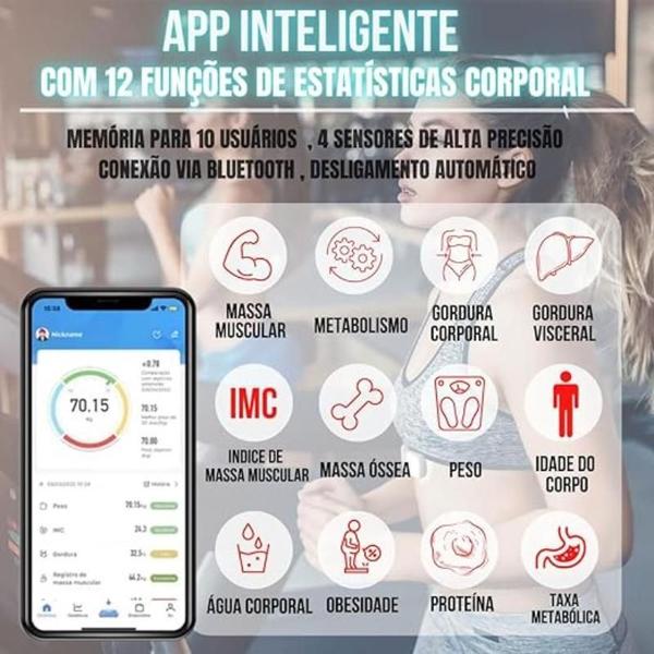 Balança Corporal Display Lcd Bluetooth Bioimpedancia - Balança Digital De Bioimpedância Imagem de Balança Corporal Display Lcd Bluetooth Bioimpedancia