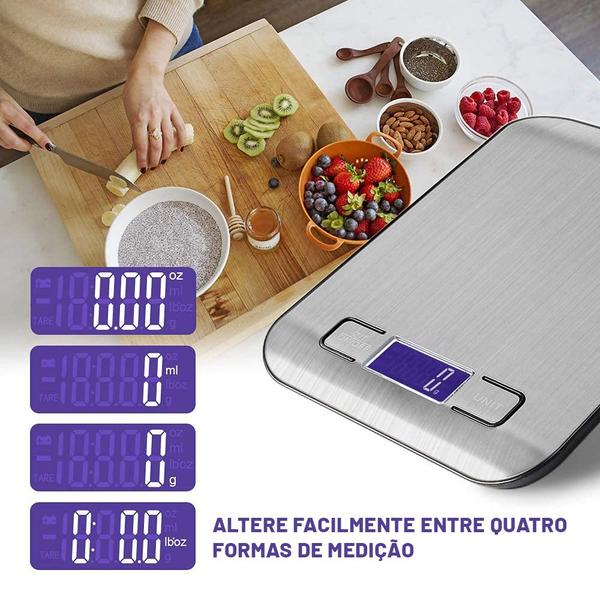 Imagem de Balança Cozinha 10kg Aço Inox Alta Precisão Dieta Ingredientes Fitness Receitas Culinária