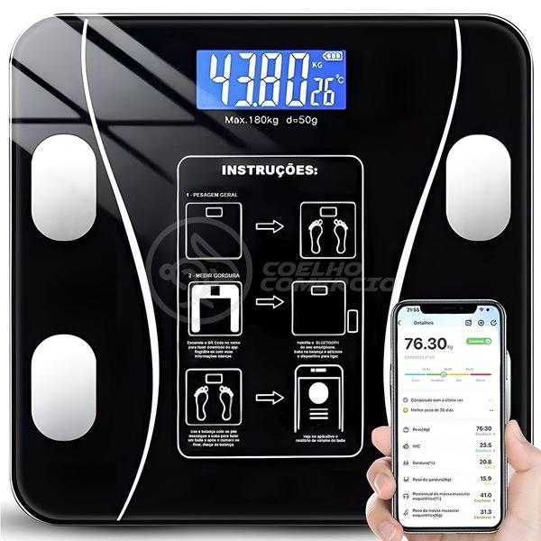 Imagem de Balança de Bioimpedância Preta com Display Digital Bluetooth Medição Completa do Corpo até 180kg