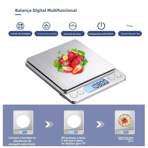 Imagem de Balança de Cozinha Digital com Carregamento USB - 3000g/0,1g - Display LCD