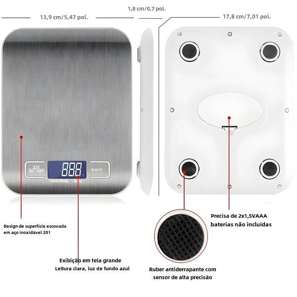 Imagem de Balança de Cozinha Digital de Aço Inoxidável - 10kg, LCD, Alta Precisão