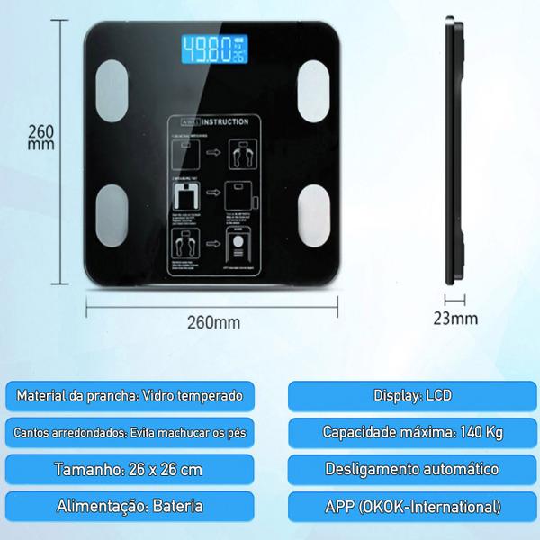 Imagem de Balança Digital 140Kg Bioimpedância Bluetooth Peso Corporal Banheiro Dieta Academia