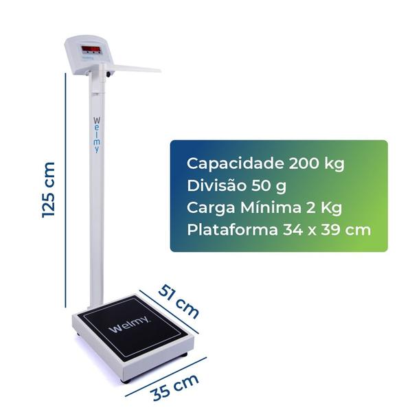 Imagem de Balança Digital 200Kg Antropômetro W200 A 50g Welmy INMETRO