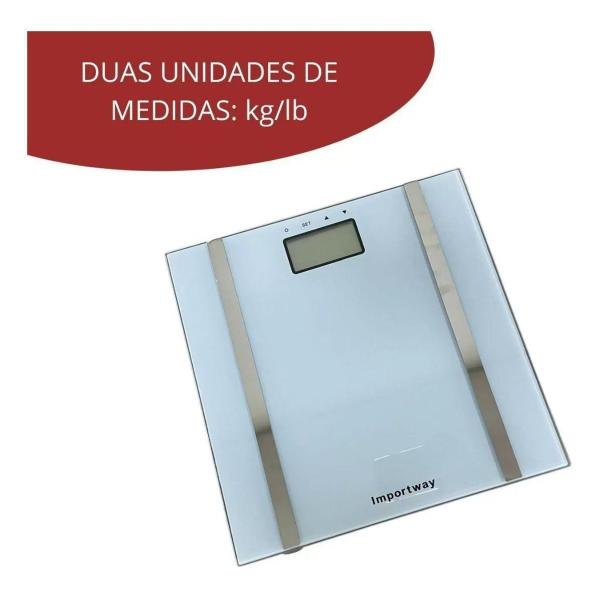 Imagem de Balança Digital Bioimpedância Corporal 180 Kg Mede Peso, Percentual de Gordura e Água Branca Importway IWBDBIO001BR