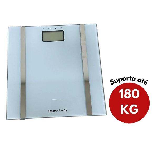 Imagem de Balança Digital Bioimpedância Corporal 180 Kg Mede Peso, Percentual de Gordura e Água Branca Importway IWBDBIO001BR