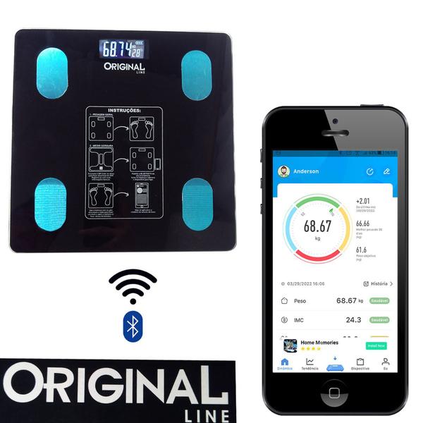 Balança Digital Bioimpedância Peso Até 140kg Com Bluetooth e Aplicativo Para Medir Massa Corporal Gordura IMC - Original Line Imagem de Balança Digital Bioimpedância Peso Até 140kg Com Bluetooth e Aplicativo Para Medir Massa Corporal Gordura IMC