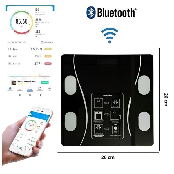 Imagem de Balança Digital Bioimpedância Peso Até 140kg Com Bluetooth e Aplicativo Para Medir Massa Corporal Gordura IMC 