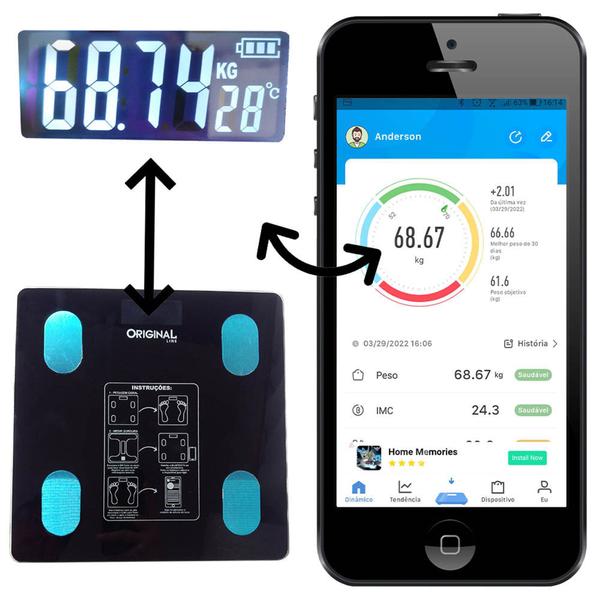 Imagem de Balança Digital Bioimpedância Peso Até 140kg Com Bluetooth e Aplicativo Para Medir Massa Corporal Gordura IMC 