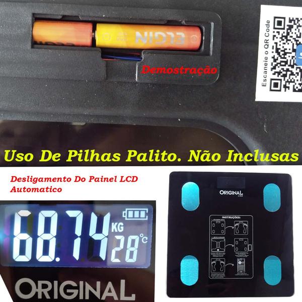 Balança Digital Bioimpedância Peso Até 140kg Com Bluetooth e Aplicativo Para Medir Massa Corporal Gordura IMC - Original Line Imagem de Balança Digital Bioimpedância Peso Até 140kg Com Bluetooth e Aplicativo Para Medir Massa Corporal Gordura IMC