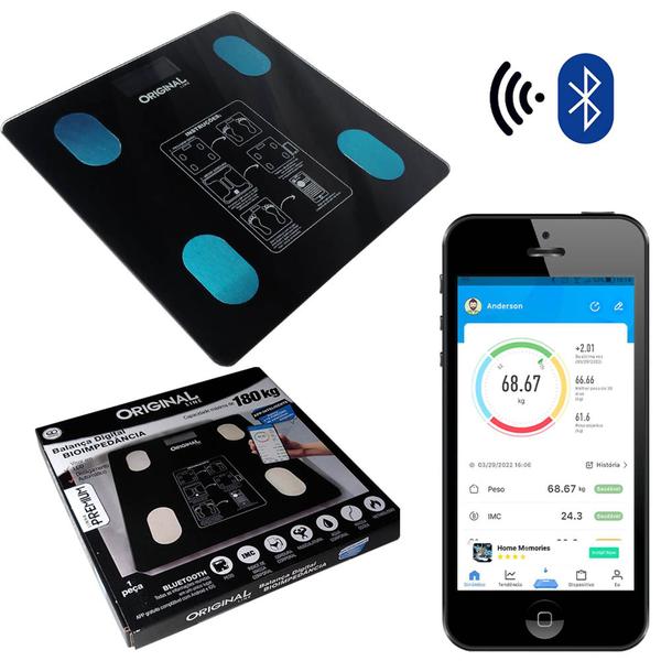 Balança Digital Bioimpedância Peso Até 140kg Com Bluetooth e Aplicativo Para Medir Massa Corporal Gordura IMC - Original Line Imagem de Balança Digital Bioimpedância Peso Até 140kg Com Bluetooth e Aplicativo Para Medir Massa Corporal Gordura IMC