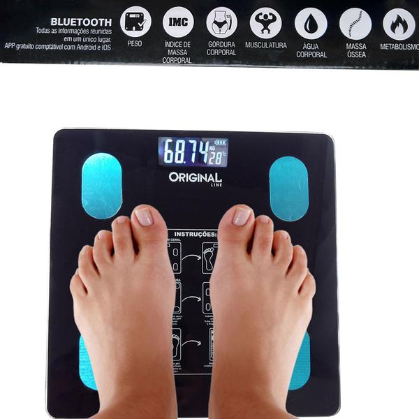 Balança Digital Bioimpedância Peso Até 140kg Com Bluetooth e Aplicativo Para Medir Massa Corporal Gordura IMC - Original Line Imagem de Balança Digital Bioimpedância Peso Até 140kg Com Bluetooth e Aplicativo Para Medir Massa Corporal Gordura IMC