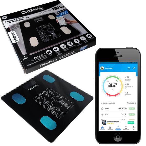 Balança Digital Bioimpedância Peso Até 140kg Com Bluetooth e Aplicativo Para Medir Massa Corporal Gordura IMC - Original Line Imagem de Balança Digital Bioimpedância Peso Até 140kg Com Bluetooth e Aplicativo Para Medir Massa Corporal Gordura IMC