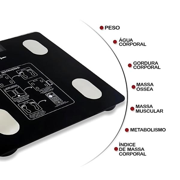 Imagem de Balança Digital Bioimpedância Peso Até 180kg Com Bluetooth e Aplicativo Para Medir Massa Corporal Gordura IMC