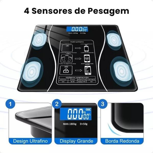 Imagem de Balança Digital Bluetooth com cálculo de IMC preciso.