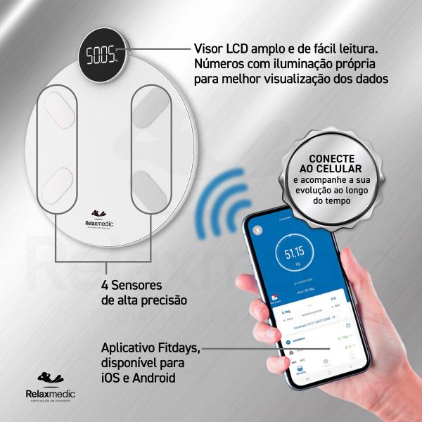 Imagem de Balança Digital Corporal Bioimpedância Biofit App Relaxmedic Cor Branco Bivolt