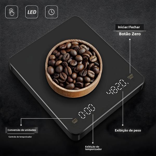 Imagem de Balança Digital de Café 3kg com Temporizador LED e USB - Precisão 0,1g