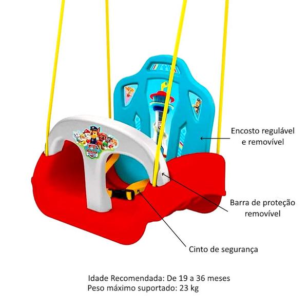 Imagem de Balanço de Brinquedo Infantil Patrulha Canina 3 em 1 com Ajustes seguro até 36kg