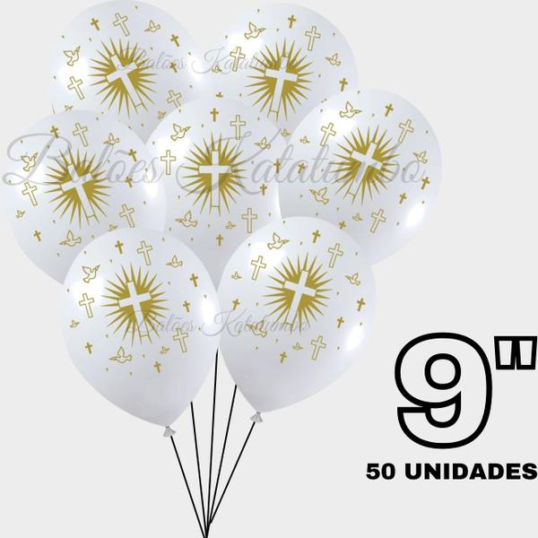 Imagem de Balão Bexiga Batismo e Comunhão, Balão Látex Estampado  9 Polegadas Pacote De 50 Unds, Balão de Aniversário