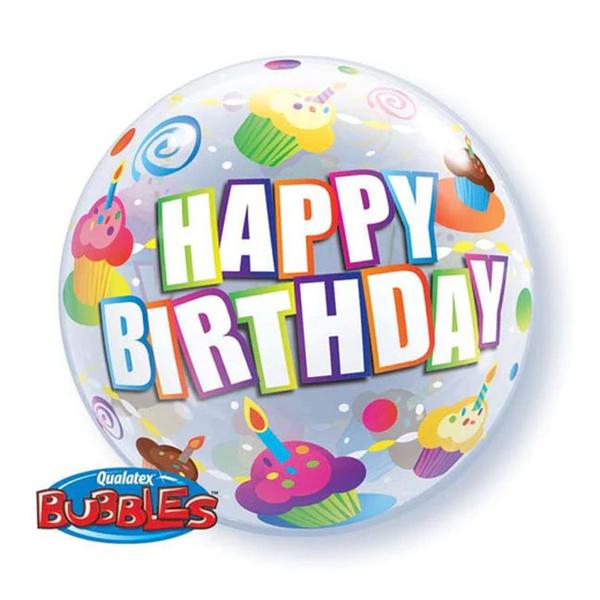 Imagem de Balão de Festa Bubble 22" 55cm - Happy Birthday Cupcakes Coloridos - 1 unidade - Qualatex Outlet - Rizzo