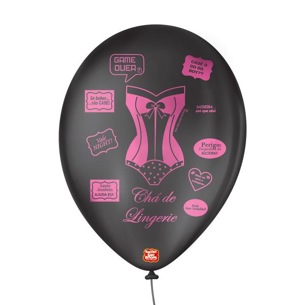 Imagem de Balão de Festa Decorado Chá de Lingerie - Preto e Rosa 9" 23cm - 25 Unidades