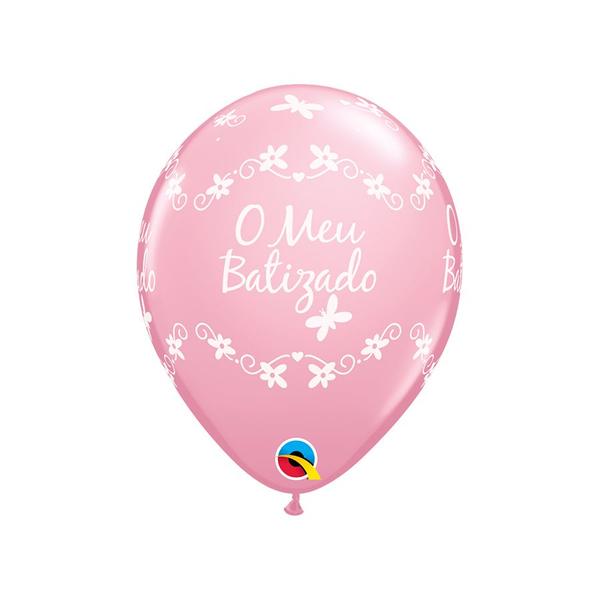 Imagem de Balão de Festa Látex Liso Decorado - O Meu Batizado Borboleta Rosa - 11" 28cm - 50 unidades - Qualatex Outlet - Rizzo