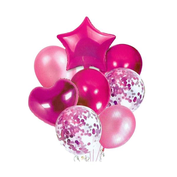 Imagem de Balão de festa Metalizado Pink - Kit com 8 pçs coração estrela brilhante confete rosa