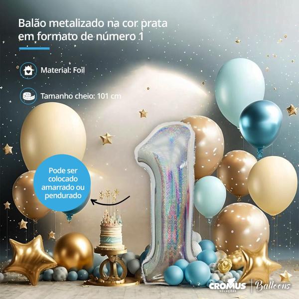 Balão Metalizado Holográfico número 1 Prata glitter Holográfico para aniversários e festas 101 cm Un - Cromus Imagem de Balão Metalizado Holográfico número 1 Prata glitter Holográfico para aniversários e festas 101 cm Un