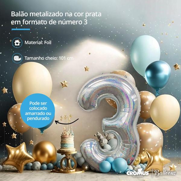 Imagem de Balão Metalizado Holográfico número 3 Prata glitter Holográfico para aniversários e festas 101 cm Un