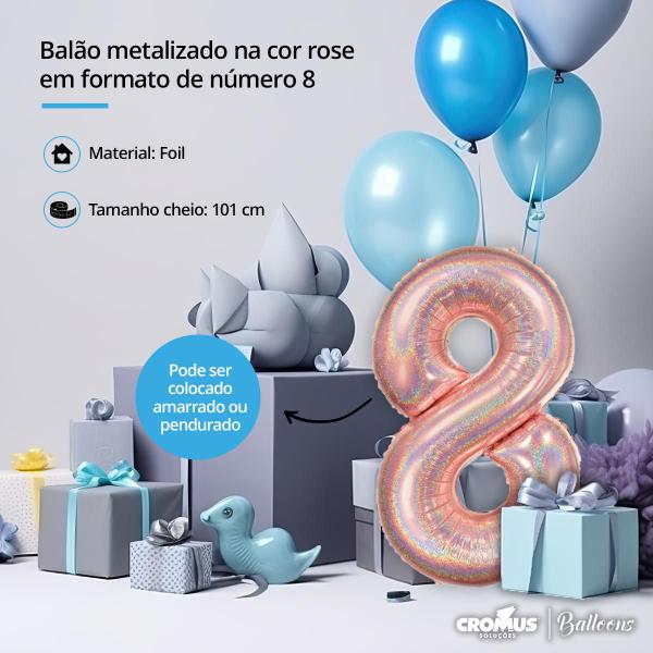 Imagem de Balão Metalizado Holográfico número 8 Rosé Gold Holográfico para aniversários e festas 101 cm Un