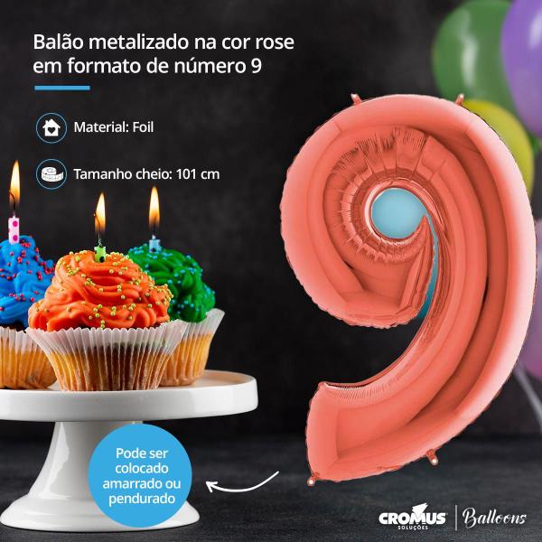 Imagem de Balão Metalizado número 9 Rosé Gold para festas e eventos 101 cm unidade