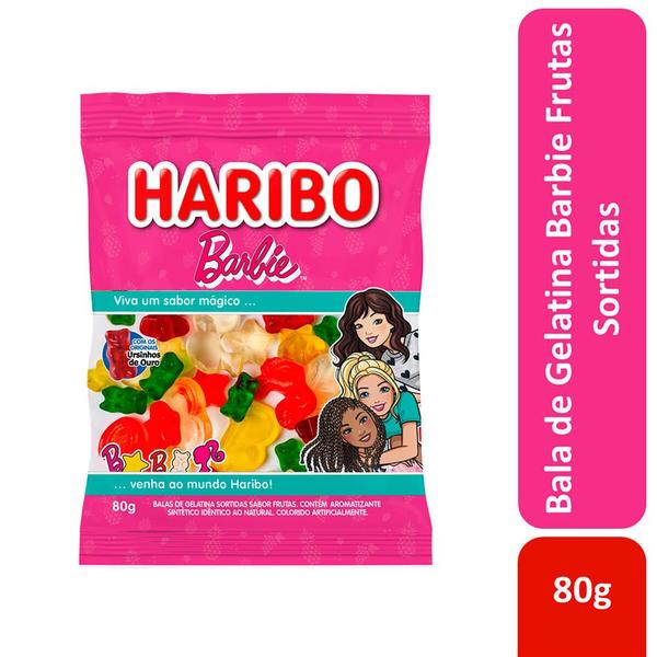 Balas de Gelatina Haribo Barbie com Ursinhos de Ouro 80g Imagem de Balas de Gelatina Haribo Barbie com Ursinhos de Ouro 80g