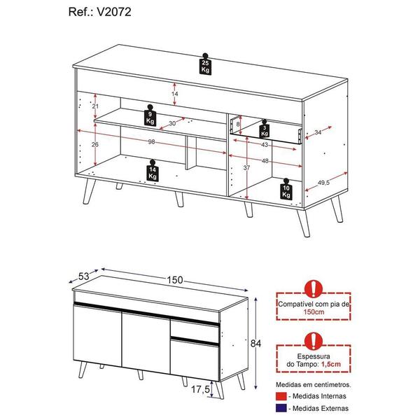 Imagem de Balcão Cozinha Gabinete Pia 150cm 3 Portas 1 Gaveta Veneza Multimóveis V2072