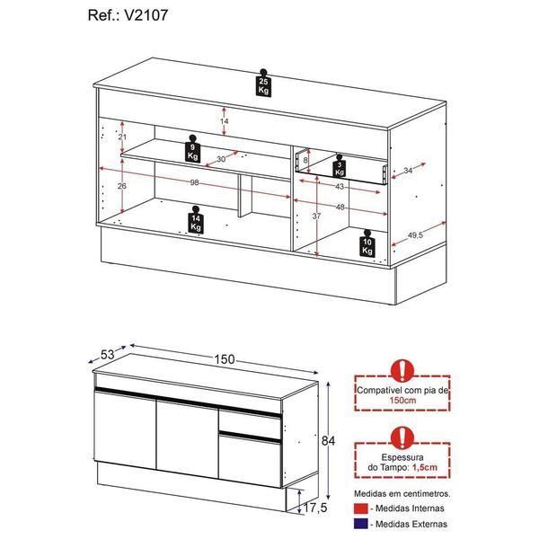 Imagem de Balcão Cozinha Gabinete Pia 150cm com Rodapé  3 Portas 1 Gaveta Veneza Multimóveis V2107