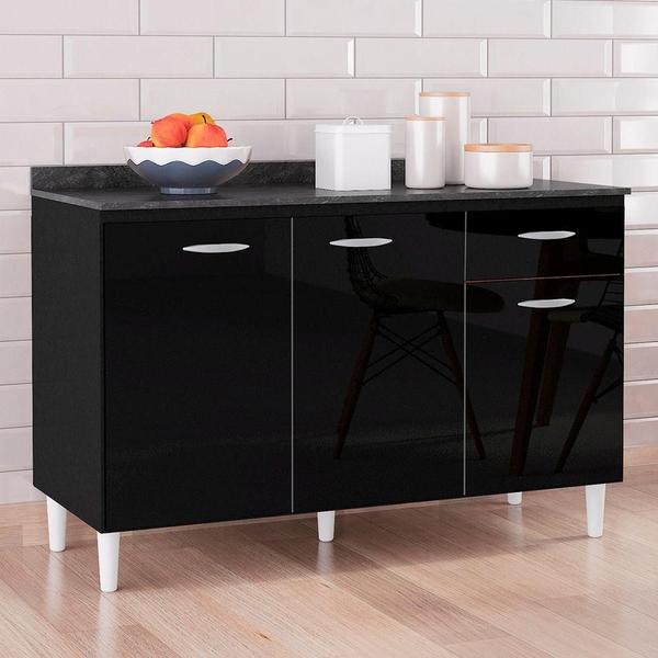 Imagem de Balcão Cozinha Pia 120cm Com Tampo Classic P11 Preto/marmore - Mpozenato