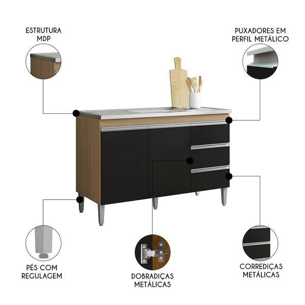 Imagem de Balcão de Cozinha Com Pia Inox 100cm 3 Gavetas Andréia Amêndoa/Preto - AJL Móveis