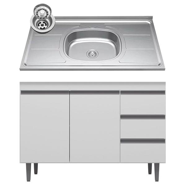 Imagem de Balcão de Cozinha Com Pia Inox 100cm 3 Gavetas Andréia Branco - AJL Móveis