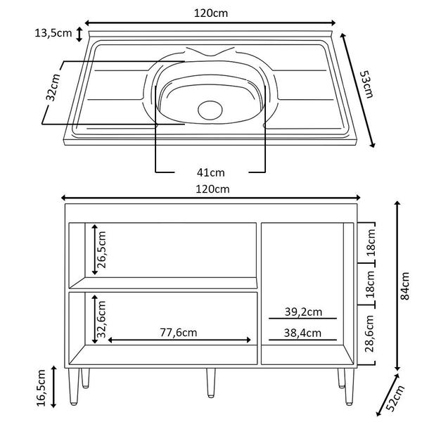 Imagem de Balcão de Cozinha com Pia Inox 120cm 3 Portas 2 Gavetas Livy P11 Damasco/Off White - Mpozenato