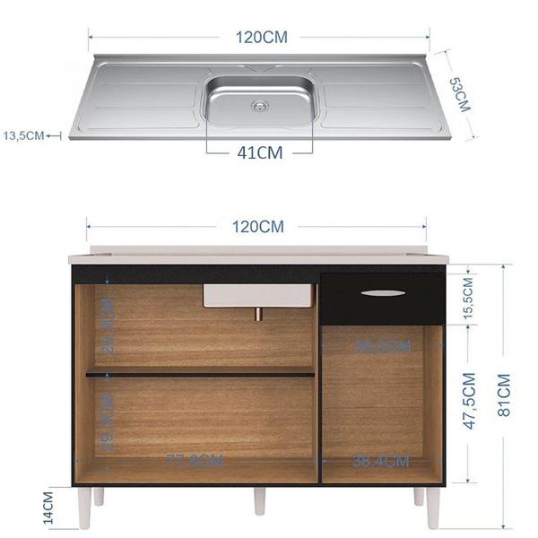 Imagem de Balcão de Cozinha com Pia Inox 120cm 3 Portas Classic P11 Preto - Mpozenato