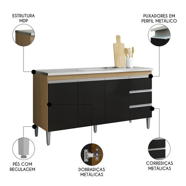 Imagem de Balcão de Cozinha Com Pia Inox 160cm 3 Gavetas Andréia Amêndoa/Preto - AJL Móveis