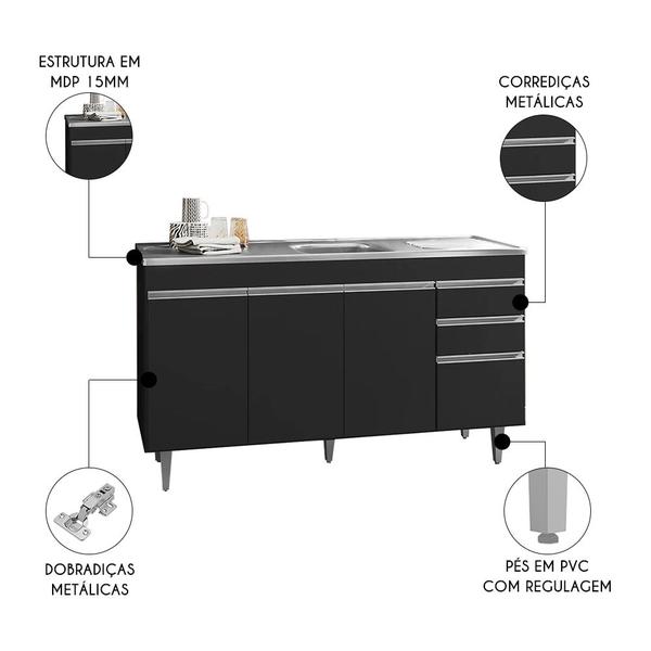 Imagem de Balcão de Cozinha Com Pia Inox 160cm 3 Gavetas Andréia Preto - AJL Móveis