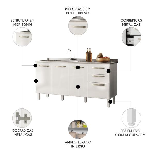 Imagem de Balcão de Cozinha Com Pia Inox 160cm Nicy N03 Branco - Mpozenato