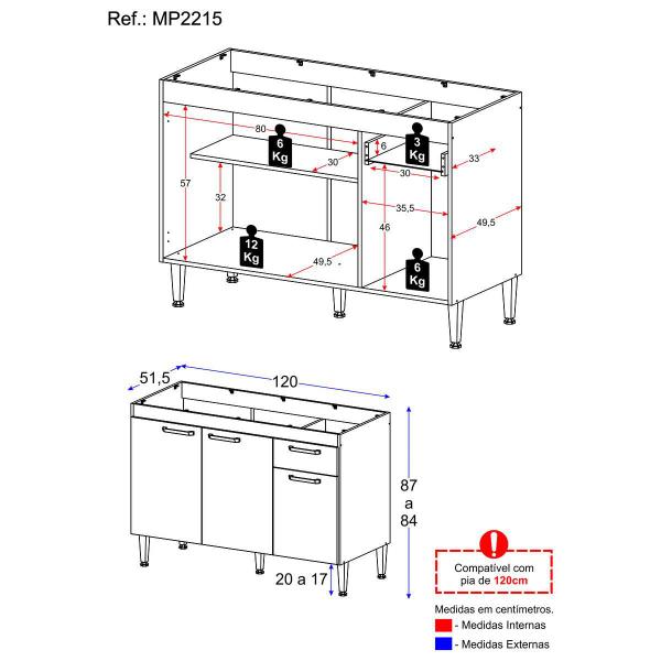 Imagem de Balcão de Cozinha Gabinete para Pia 120cm Paris Multimóveis MP2215