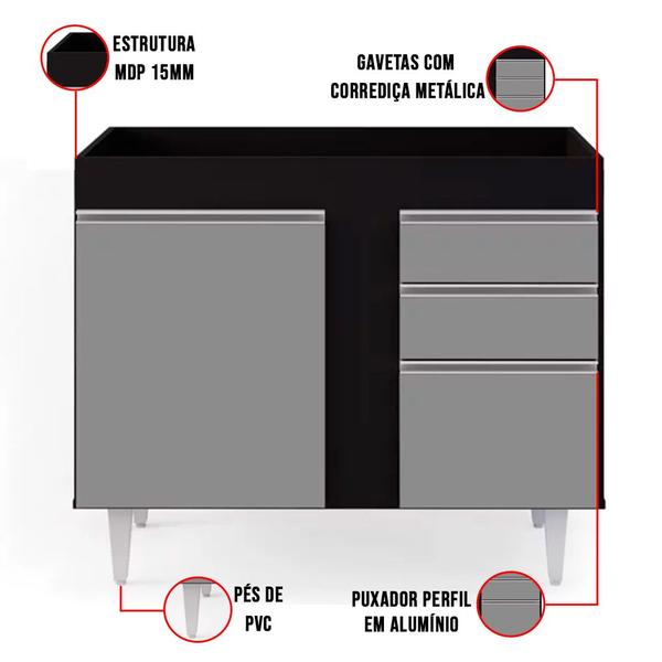 Imagem de Balcão de Cozinha Lavanderia sem Tampo 02 Gavetas Bia Preto e Cinza 100 cm - D'Rossi