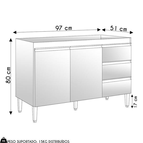 Imagem de Balcão de Cozinha Para Pia 100cm 3 Gavetas Andréia Amêndoa/Preto - AJL Móveis