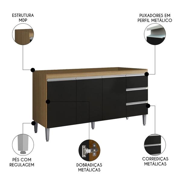 Imagem de Balcão de Cozinha Para Pia 150cm 3 Gavetas Andréia Amêndoa/Preto - AJL Móveis