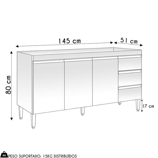 Imagem de Balcão de Cozinha Para Pia 150cm 3 Gavetas Andréia Amêndoa/Preto - AJL Móveis